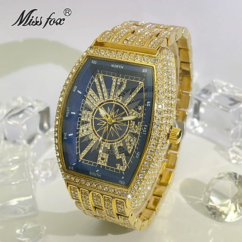 Luxury Gold Watches Men Brand MISSFOX Fashion Hip Hop lce Diamond Sun Pattern Literal Quartz Wristwatch Male Dropshipping Hot