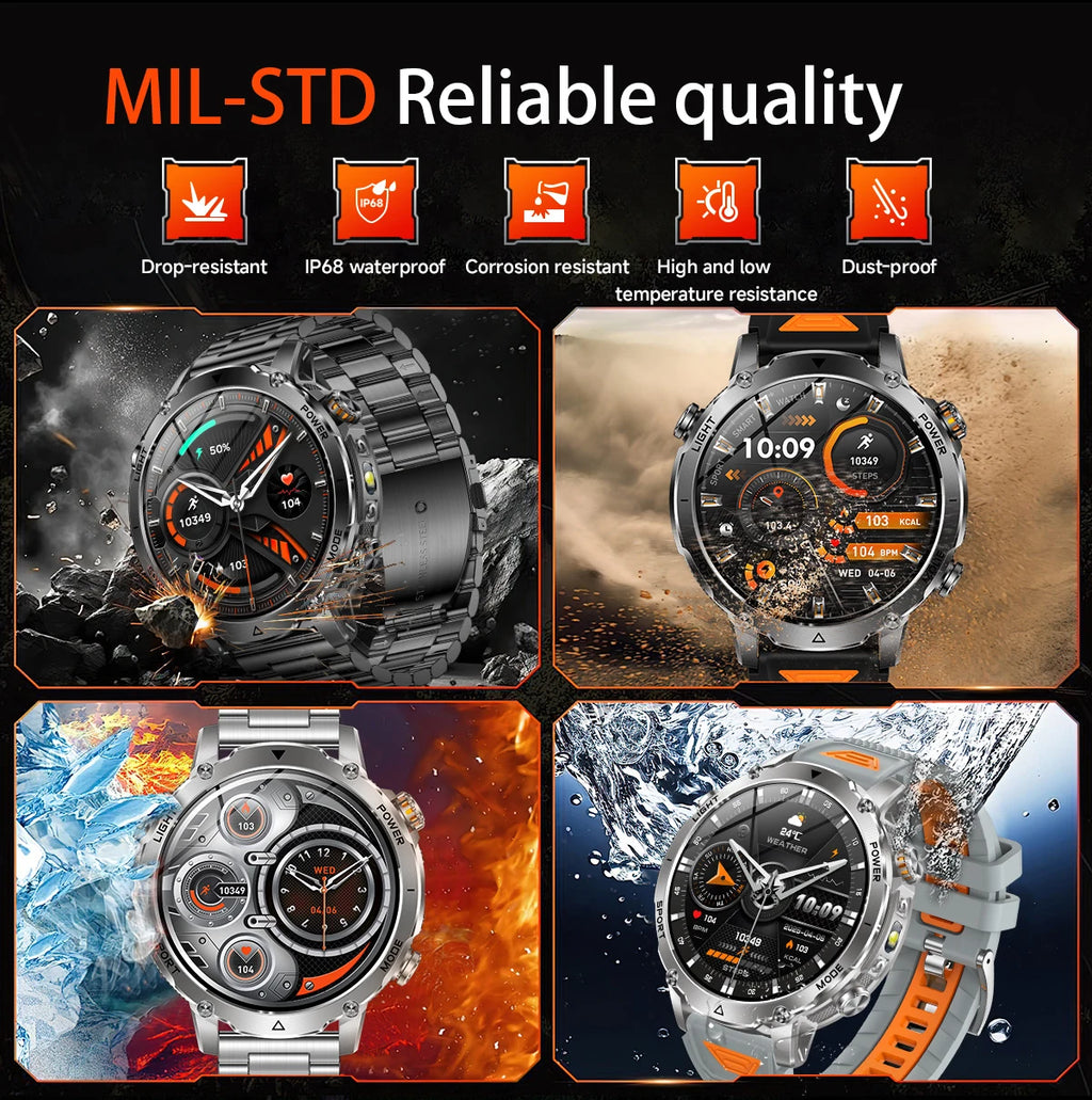 LIGE 2026 Military 1400mAh Battery Smart Watch Men Outdoor Flashlight IP68 Waterproof Heart Rate Bluetooth Call Sports Bracelet