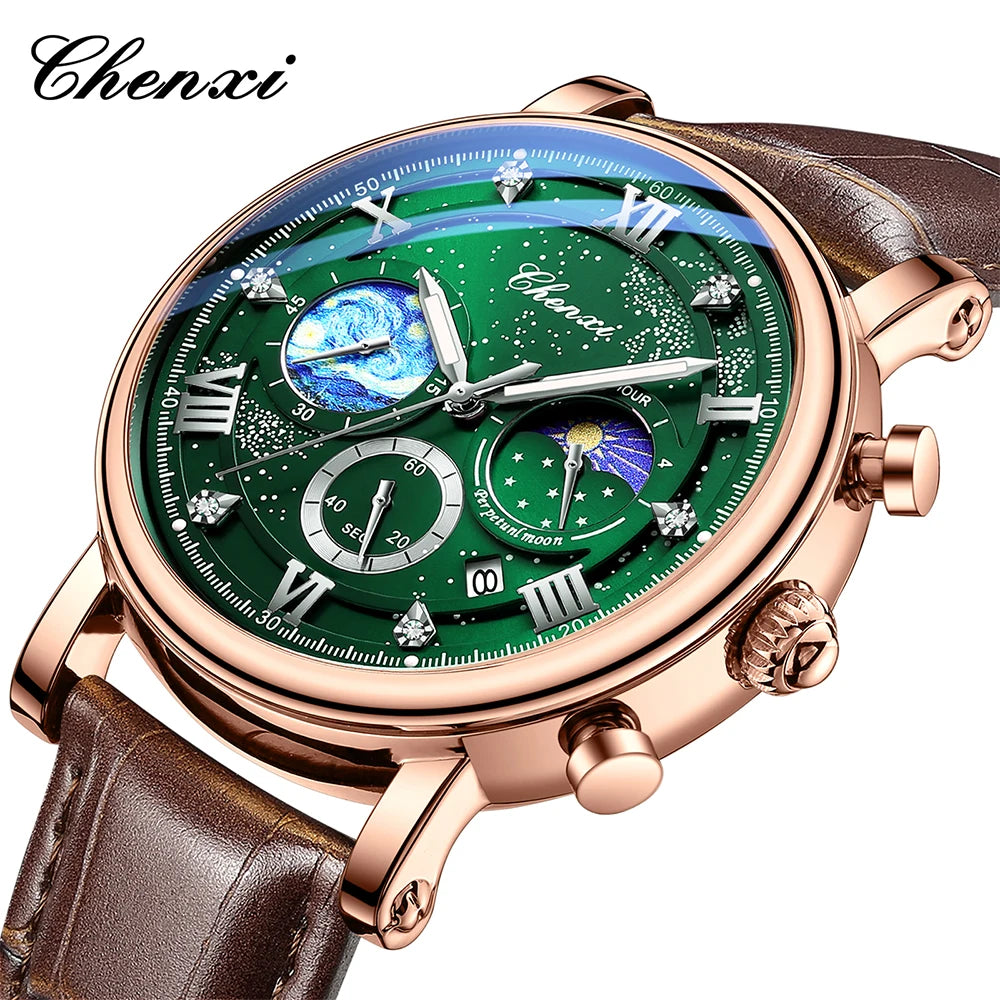 CHENXI Multi-functional Fashion Men's Watches Luminous Moon Phase Chronograph Men Wristwatches Calendar Quartz Watch For Man