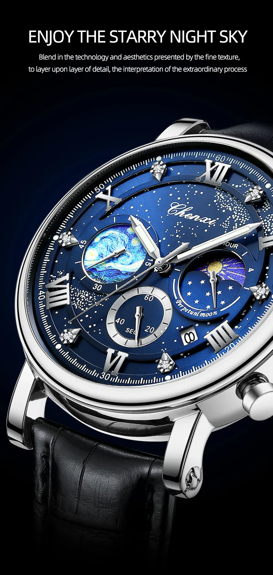 CHENXI Multi-functional Fashion Men's Watches Luminous Moon Phase Chronograph Men Wristwatches Calendar Quartz Watch For Man