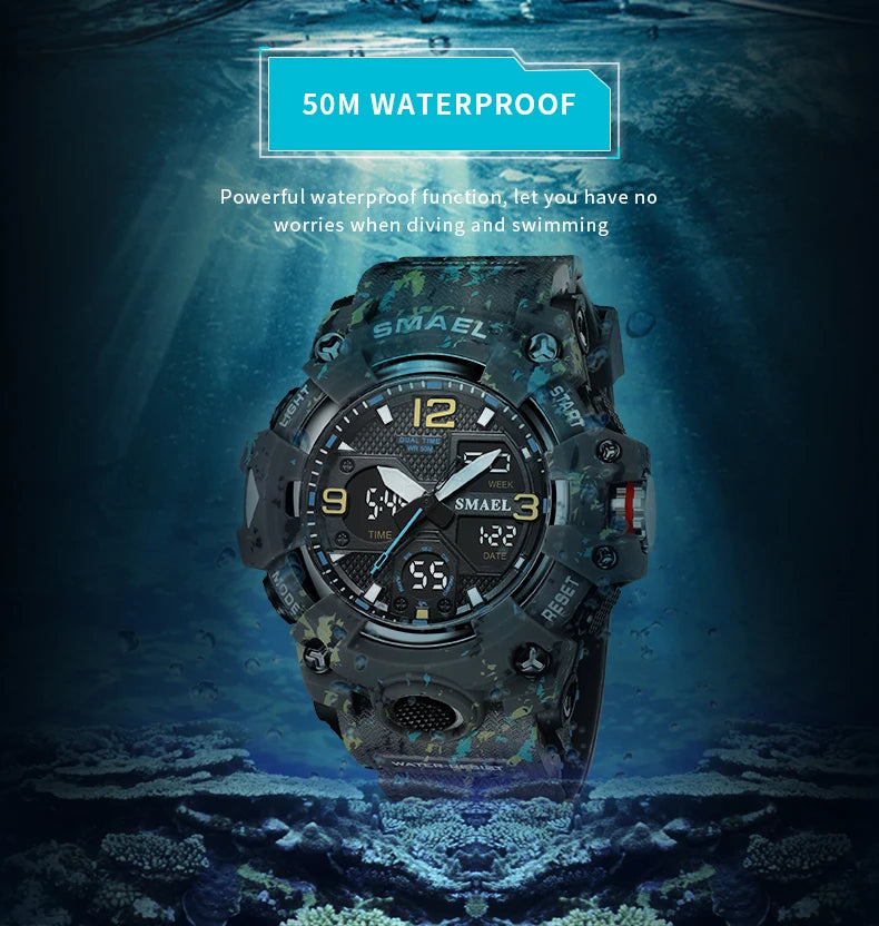 Sport Watch Military Watch For Men Alarm Clock Stopwatch LED Digital Back Light Dual Time Display 8008 Men's Watches Waterproof
