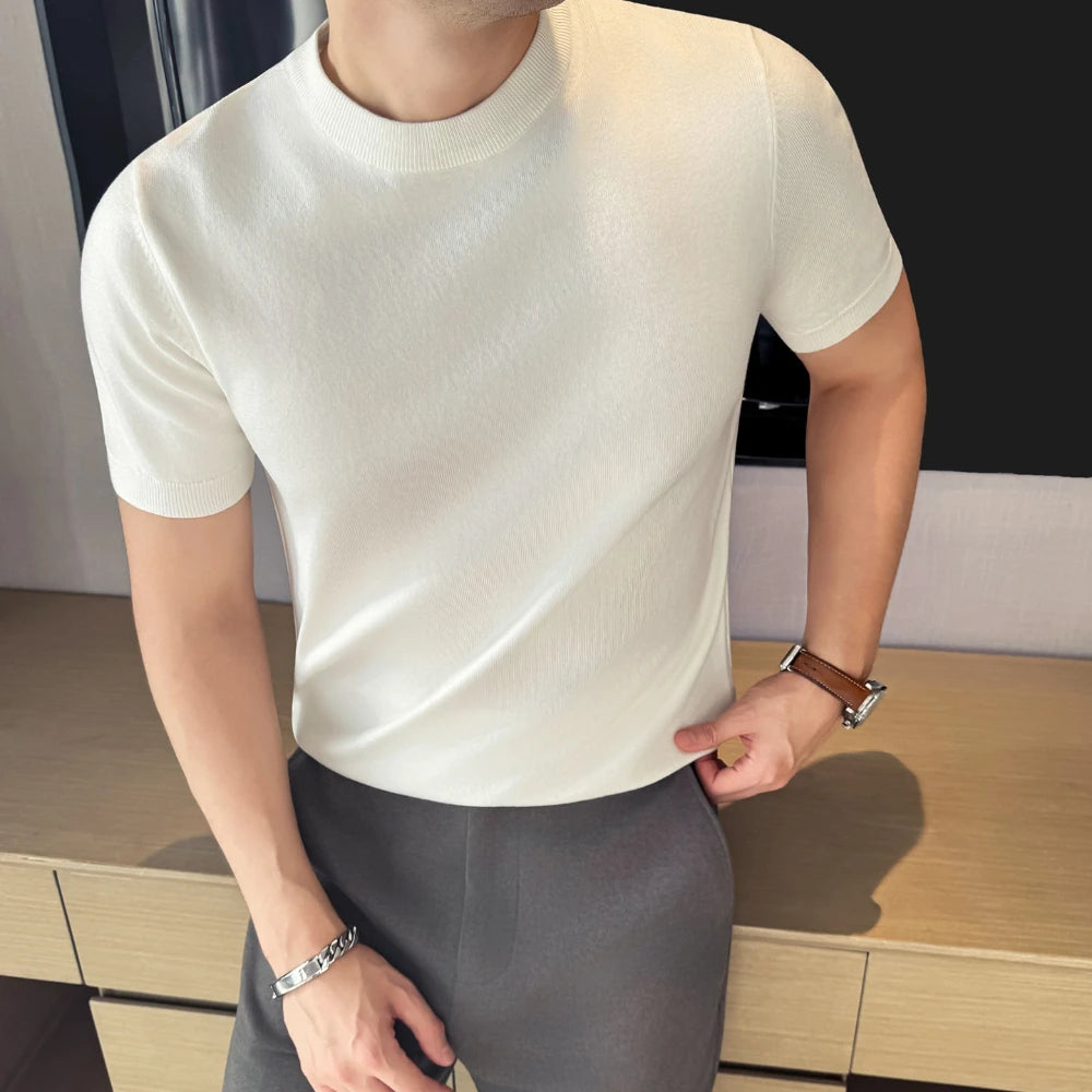 High-quality Men's Short-sleeve Knitted Sweater T-shirt O-Neck Solid Color Men Pullover T Shirts Slim Fit Stretch Undershirt Top