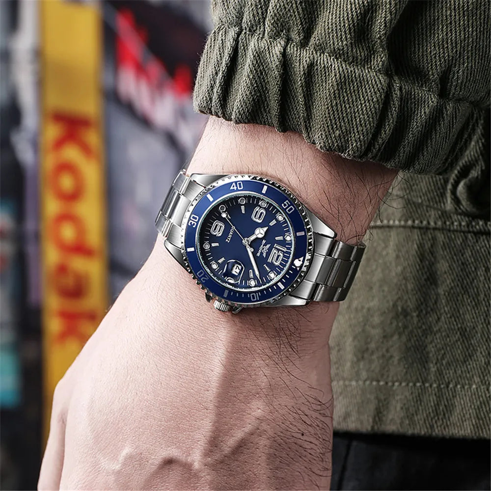 Men Black luxury Brand Sport Calendar Quartz Watch Stylish Silver Stainless Steel Strap Business Men's Clock Wristwatches
