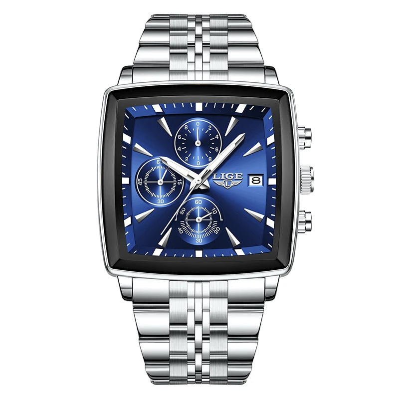 LIGE Top Brand Luxury Mens Watches Fashion Military Square Chronograph Quartz Wristwatches For Men Sports Waterproof Watch Men