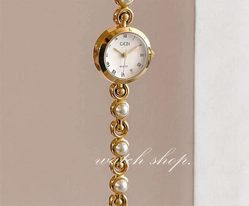 GEDI New Fashion Watch for Women Pearl Chain Temperament Wristwatches Vintage Luxury Elegant Waterproof Quartz Watches Ladies