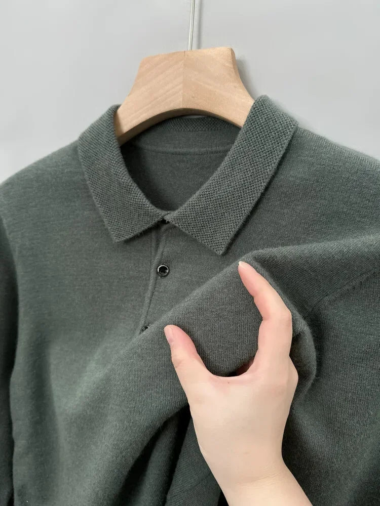 Autumn and Winter New Warm Soft Pullover Men's Business Lapel Knitwear Casual Solid Color Long Sleeve Polo Shirt Office