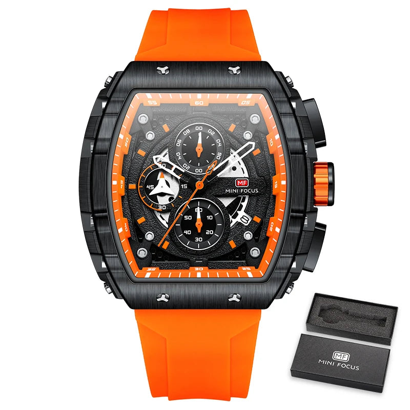 MINI FOCUS Chronograph Quartz Watches for Men Military Sport Silicone Strap Waterproof Wristwatch with Tonneau Dial Auto Date