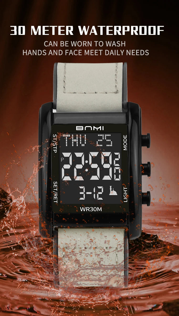 BNMI Men's Digital Watch Multifunctional Square Electronic Man Watches Luminous Weekly LED Display Alarm Stopwatch