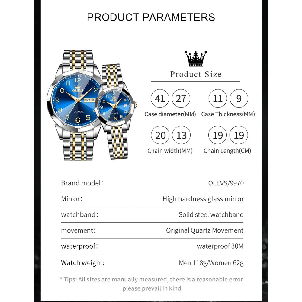 OLEVS 9970 Couple Watch For Men Women Luxury Number Dial Rhombus Mirror Quartz Hand Clock Stainless Steel Original Dress Watches