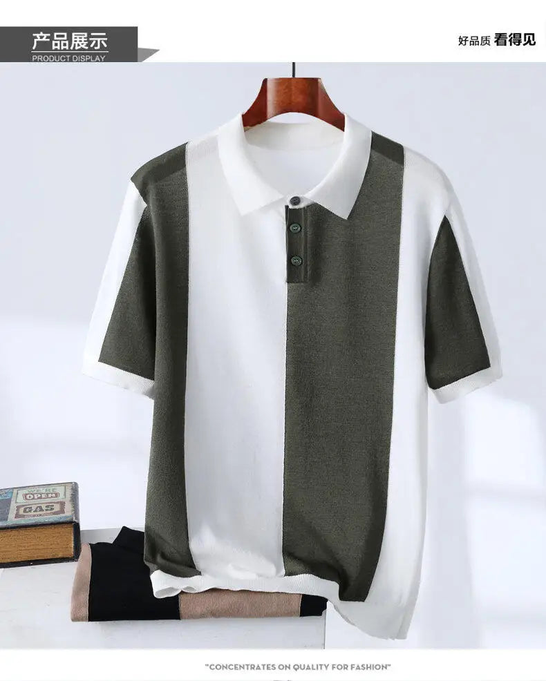 High-quality Color Blocked Striped Knitting Men's Polo Shirts Summer Thin Ice Silk Breathable Lapel T-shirt Business Casual Tees