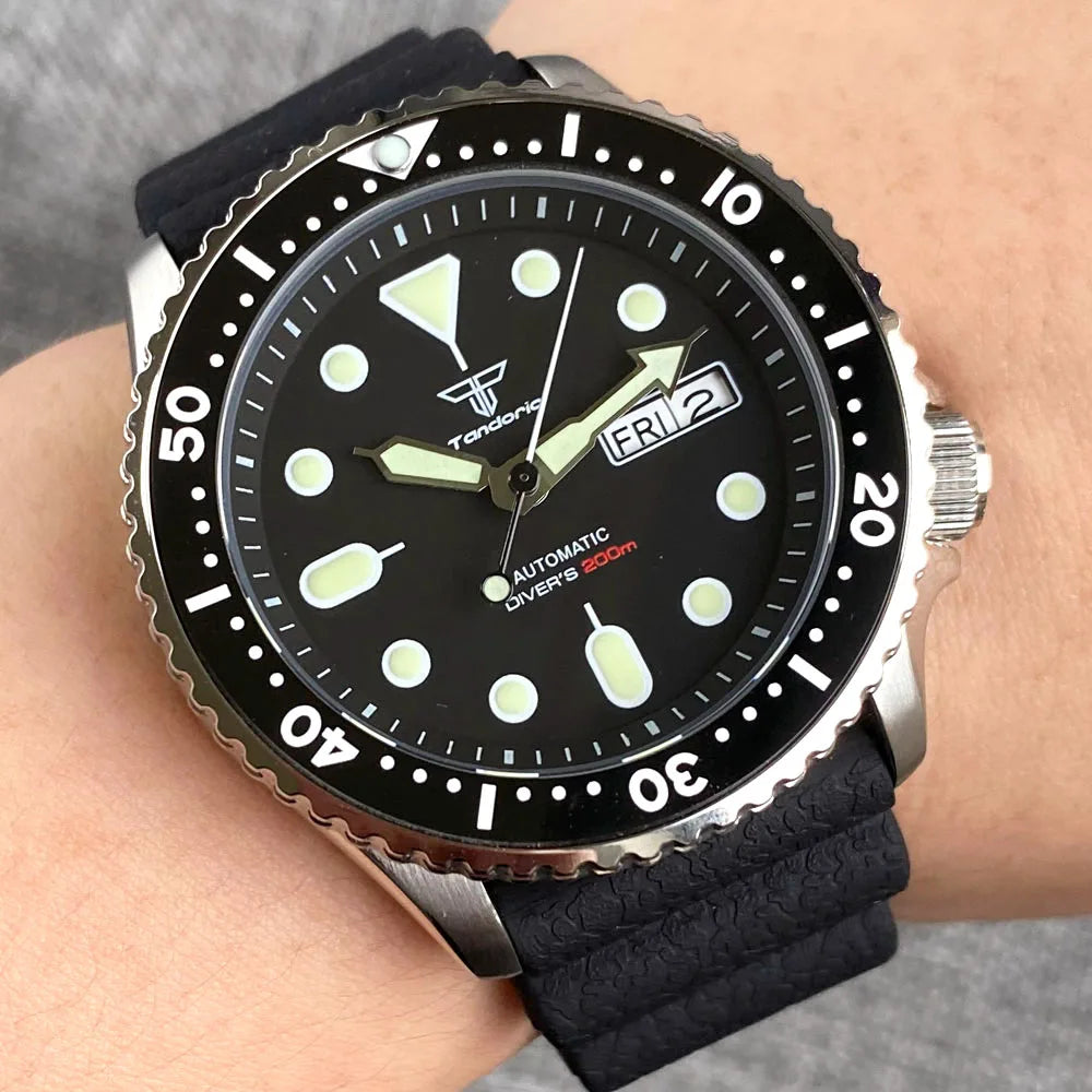 Diving Tandorio NH36 Week Date Steel Mechanical Watch Men 120clicks Bezel Chapter Ring 3.8 Crown 20ATM Waterproof SKX Mod Clock