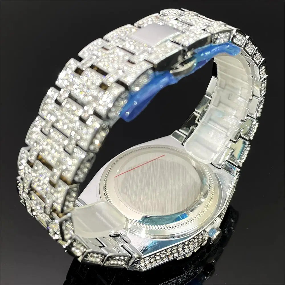 UNIGUET Cool Black Watch For Men Luxury Stainless Steel Quartz Watches Fashion Hip Hop Iced Diamond Wristwatch Man Dropshipping