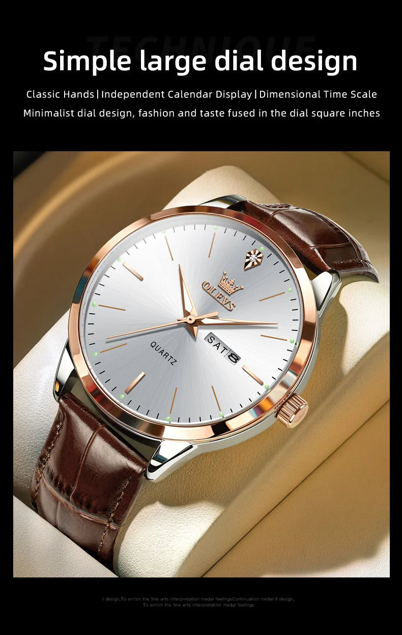 OLEVS 2935 Men Quartz Watch Dual Calendar Luminous Classic Business Watch For Men Fashion Original Waterproof Dress Wristwatch