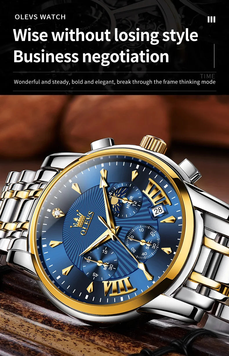 OLEVS 2892 Men Watch Original Quartz Watch Luxury Waterproof Luminous Calendar Moon Phase Chronograph Business Sports Men Watch