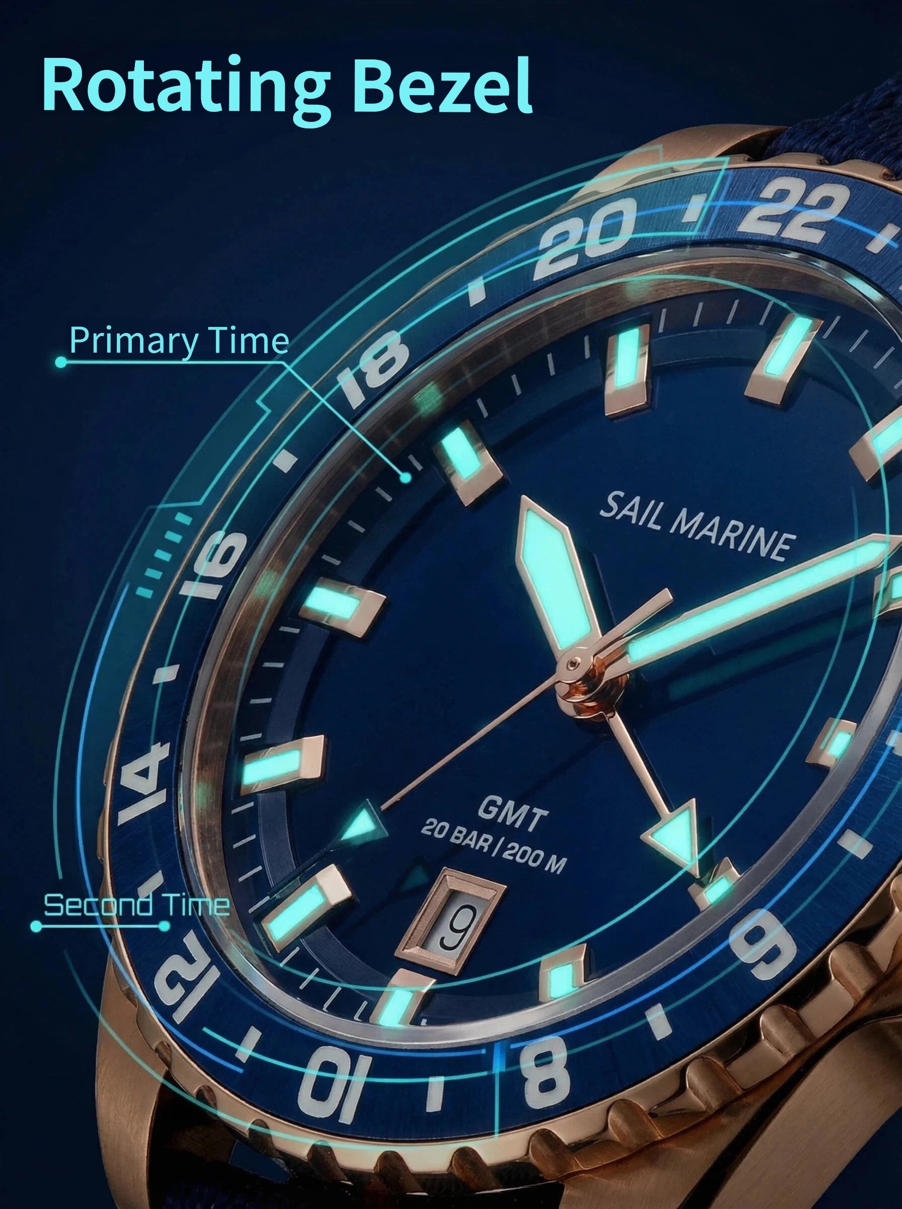 Top Quality Rose Gold Men's Luminous Casual Watch Fabric Strap GMT Quartz Wristwatch Stainless Steel Case 20 Bar Deep Waterproof