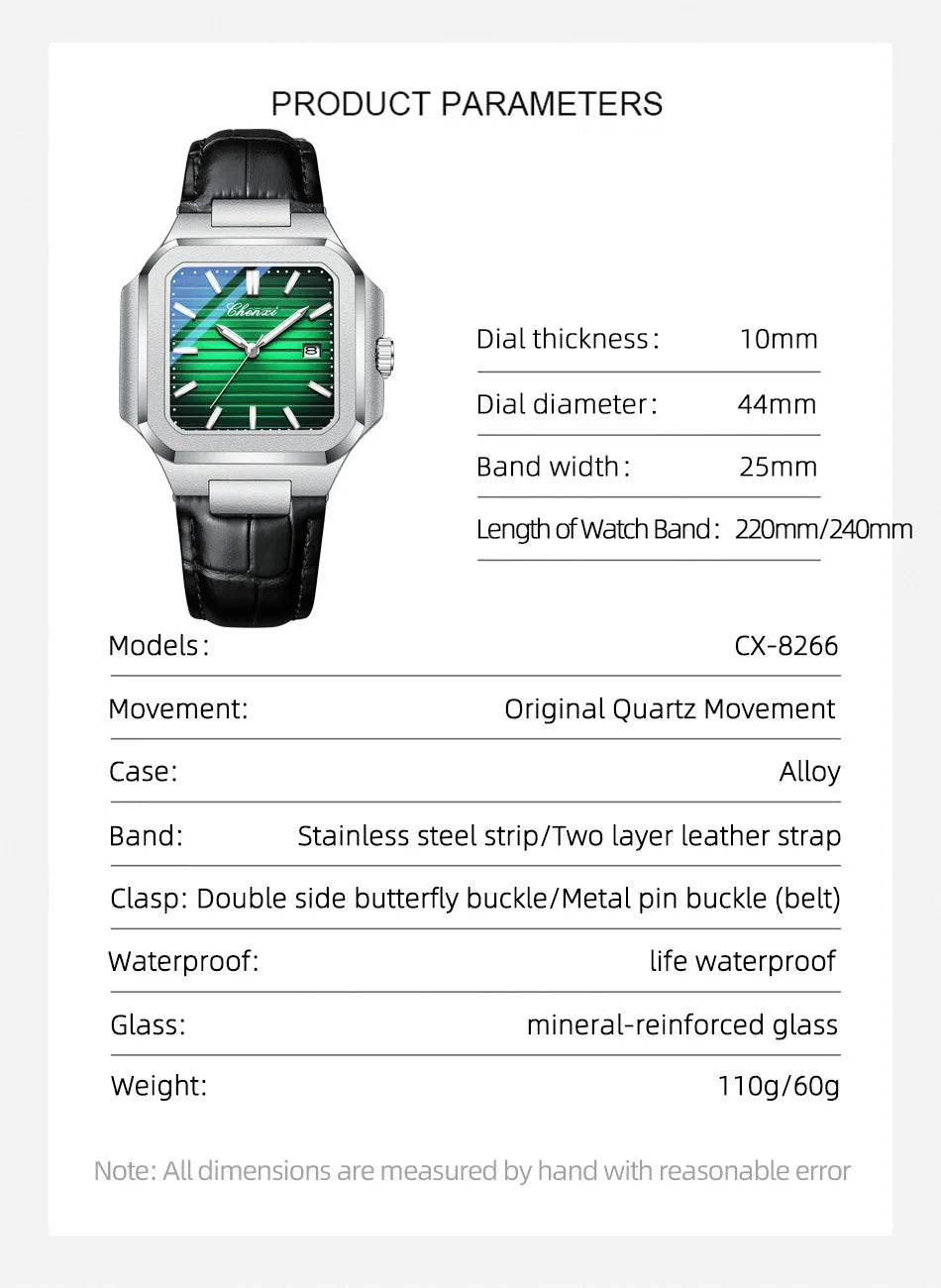 New High Quality Leather Man Watches Business Fashion Date Quartz Luxury Square Watch Men's Waterproof Luminous Clock