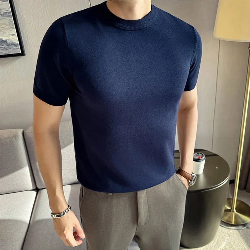 High-quality Men's Short-sleeve Knitted Sweater T-shirt O-Neck Solid Color Men Pullover T Shirts Slim Fit Stretch Undershirt Top