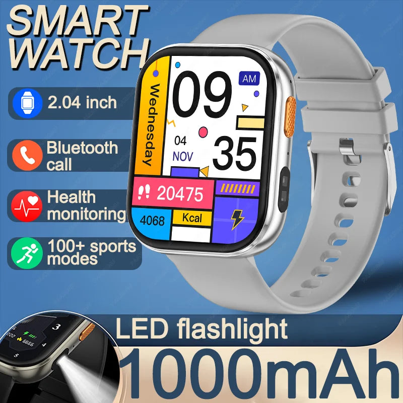 New 1000mAh Large Battery Smartwatch Men Women | 2.04"HD Screen BluetoothCall Heart Rate Monitor Flashlight Sports Fitness Watch