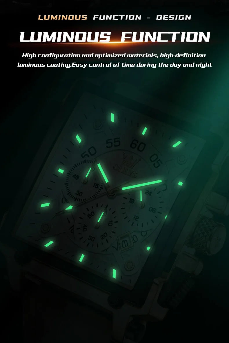 OLEVS Mens Watch Square Quartz Watch Multifunctional Business Watches For Man Waterproof Luminous Box Gift Leather Strap 9919