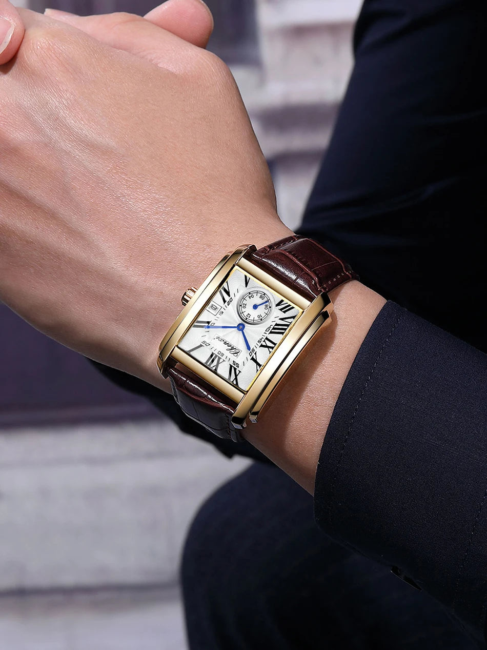 2025 New Business Men's Watch Fashion Square Roman Numeral Dial Waterproof Brown Leather Male Casual Fashion Date Quartz Watches