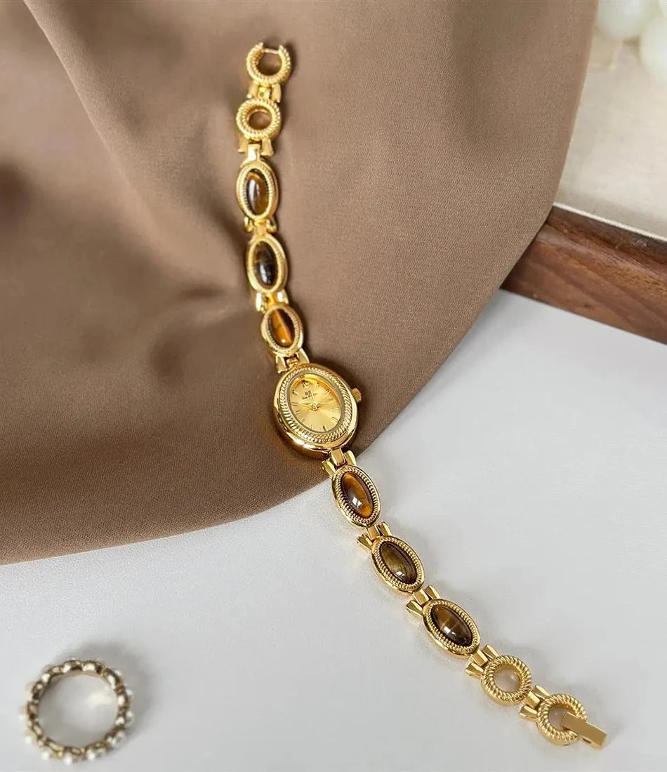 Women's Gold Watch Vintage Brown Jade Bracelet Small Dial Quartz Daily Wear Party Clock Luxury Waterproof Ladies Watches Gifts