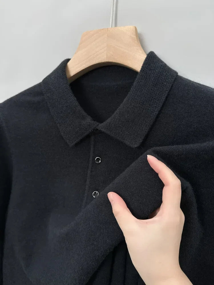 Autumn and Winter New Warm Soft Pullover Men's Business Lapel Knitwear Casual Solid Color Long Sleeve Polo Shirt Office