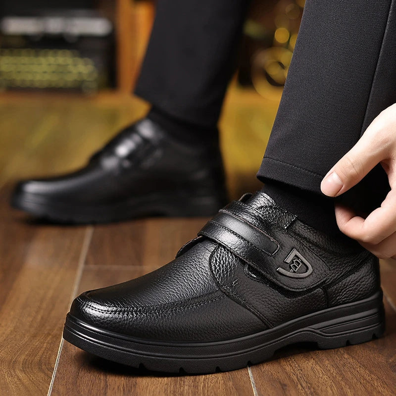 Mens Brown Litchi Grain Genuine Leather Casual Shoes Soft Sole Comfortable Walking Sneakers For Middle Aged Dad And Elderly