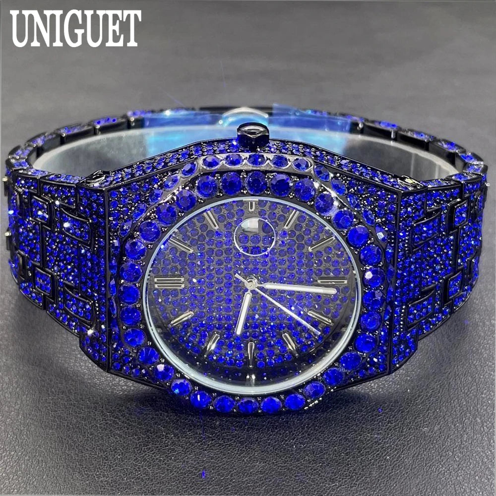 UNIGUET Cool Black Watch For Men Luxury Stainless Steel Quartz Watches Fashion Hip Hop Iced Diamond Wristwatch Man Dropshipping