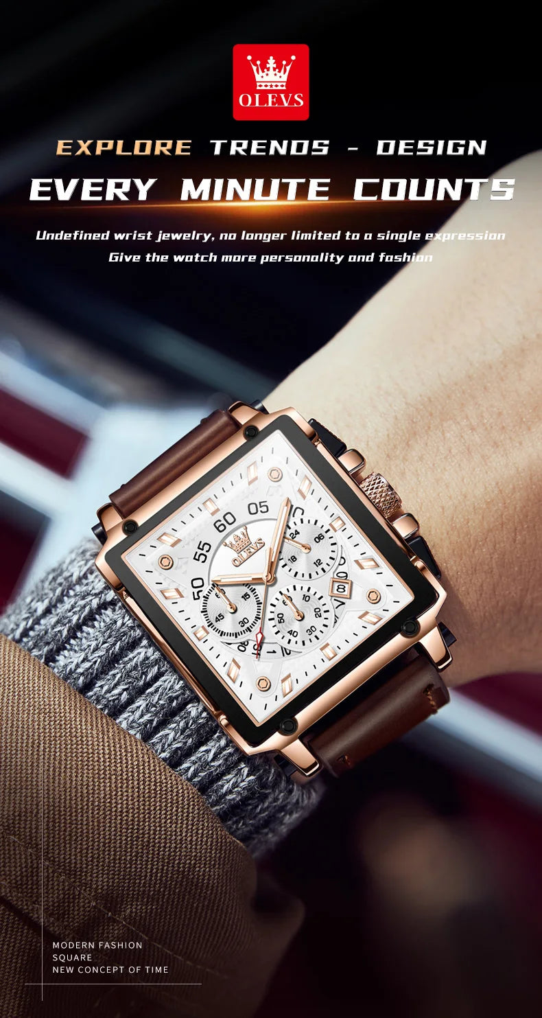OLEVS Mens Watch Square Quartz Watch Multifunctional Business Watches For Man Waterproof Luminous Box Gift Leather Strap 9919