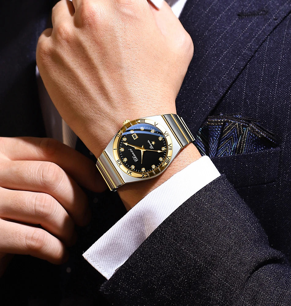 CHENXI Watches For Men Sweep Second Movement See-through Quartz, Waterproof Mens Watch Stainless Steel Golden Wristwatches