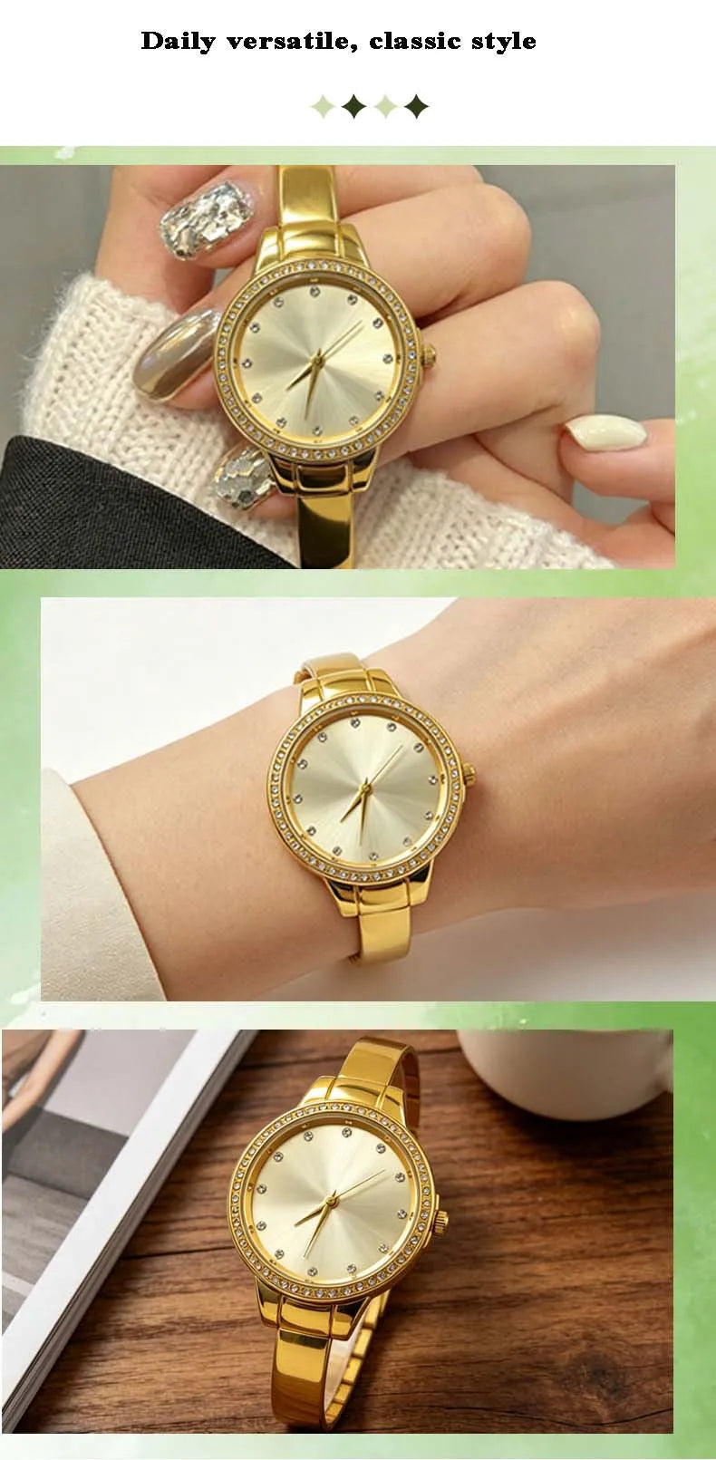 Fashionable Women's Watch Diamond-Set Round Classic Bangle Watch with Rhinestone Markers—Simple Elegant Luxe-Style Quartz Watch