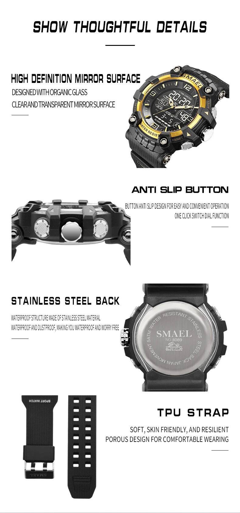 SMAEL Watch Men Sport Alarm Clock For Men 50M Waterproof Wristwatches 8089 Original Brand Men's Wristwatch Quartz Sports Watches