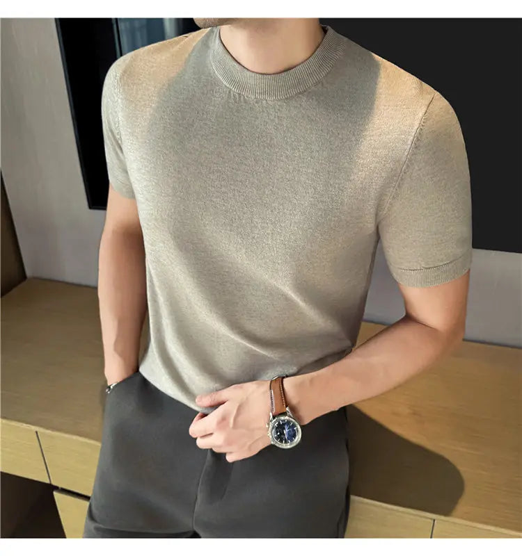 High-quality Men's Short-sleeve Knitted Sweater T-shirt O-Neck Solid Color Men Pullover T Shirts Slim Fit Stretch Undershirt Top