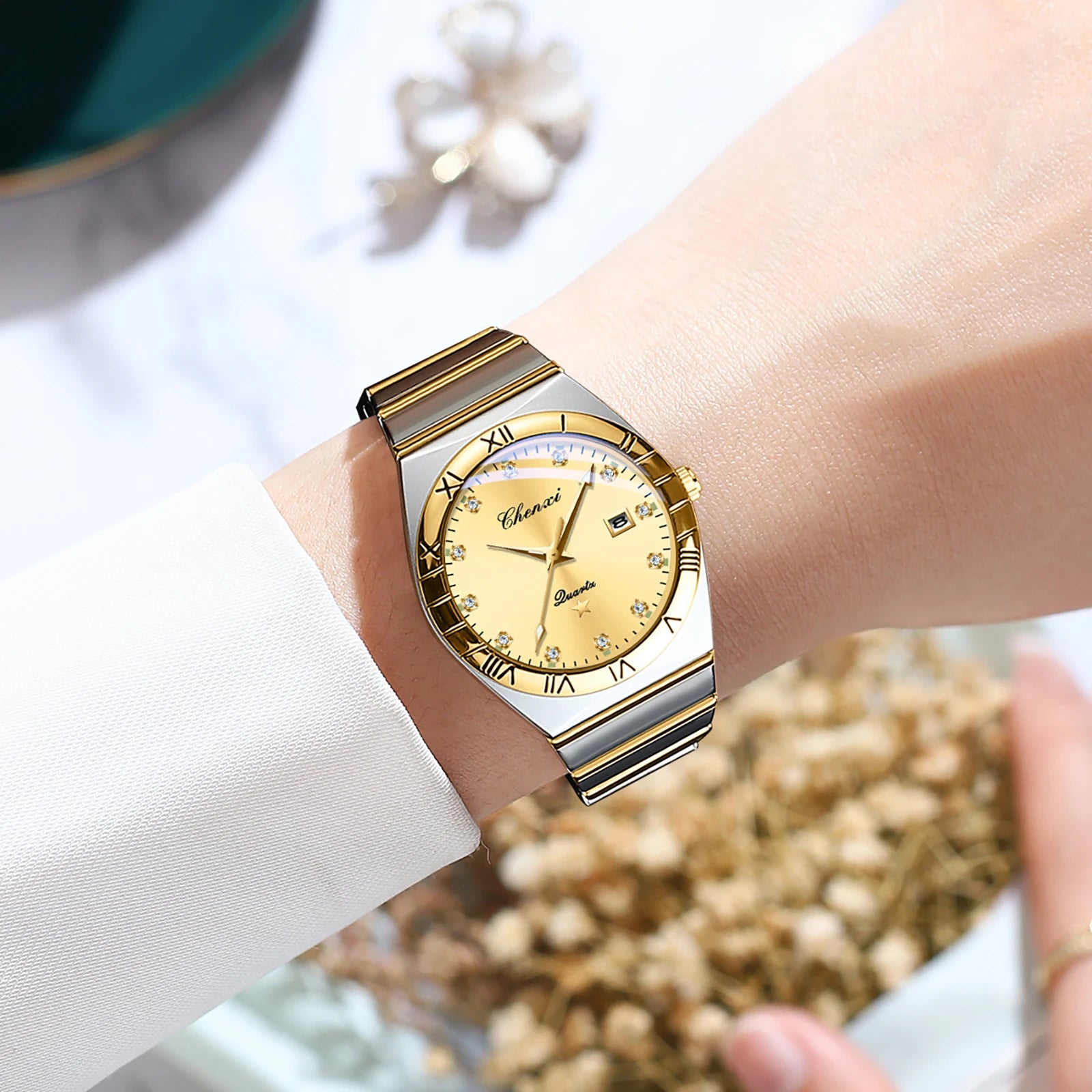 CHENXI Watches For Men Sweep Second Movement See-through Quartz, Waterproof Mens Watch Stainless Steel Golden Wristwatches