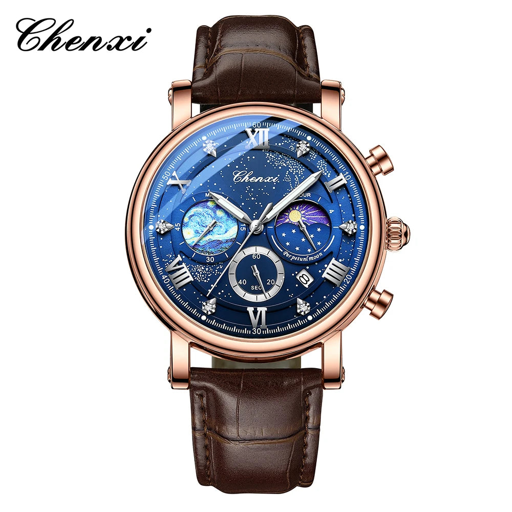 CHENXI Multi-functional Fashion Men's Watches Luminous Moon Phase Chronograph Men Wristwatches Calendar Quartz Watch For Man