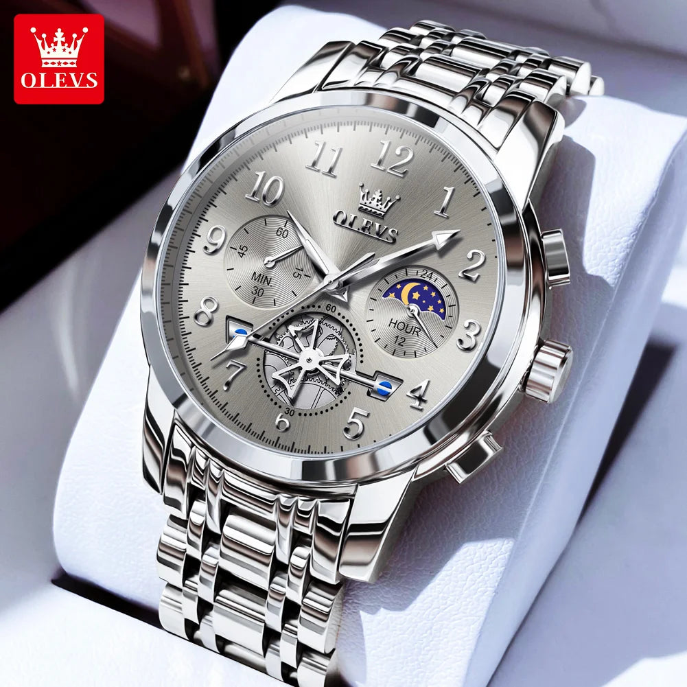 OLEVS 2900 Mens Watch Original Stainless Steel Watches For Men Calendar Moon Phase Quartz Watch Chronograph Freebie Reloj