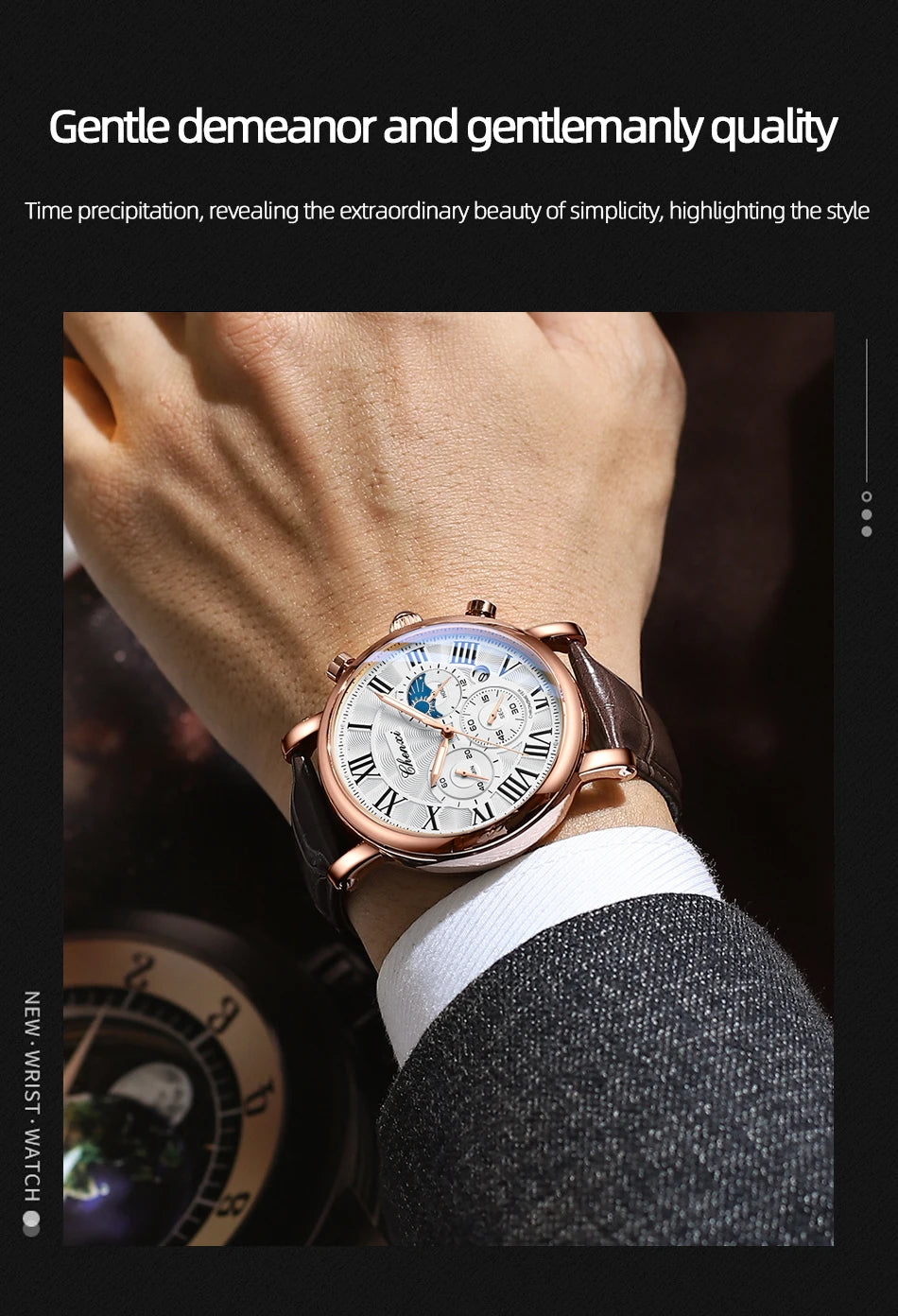 CHENXI Multifunction Men's Watches Business Roman Numerals Leather Strap Quartz Man Watch Chronograph Moon Phase Calendar