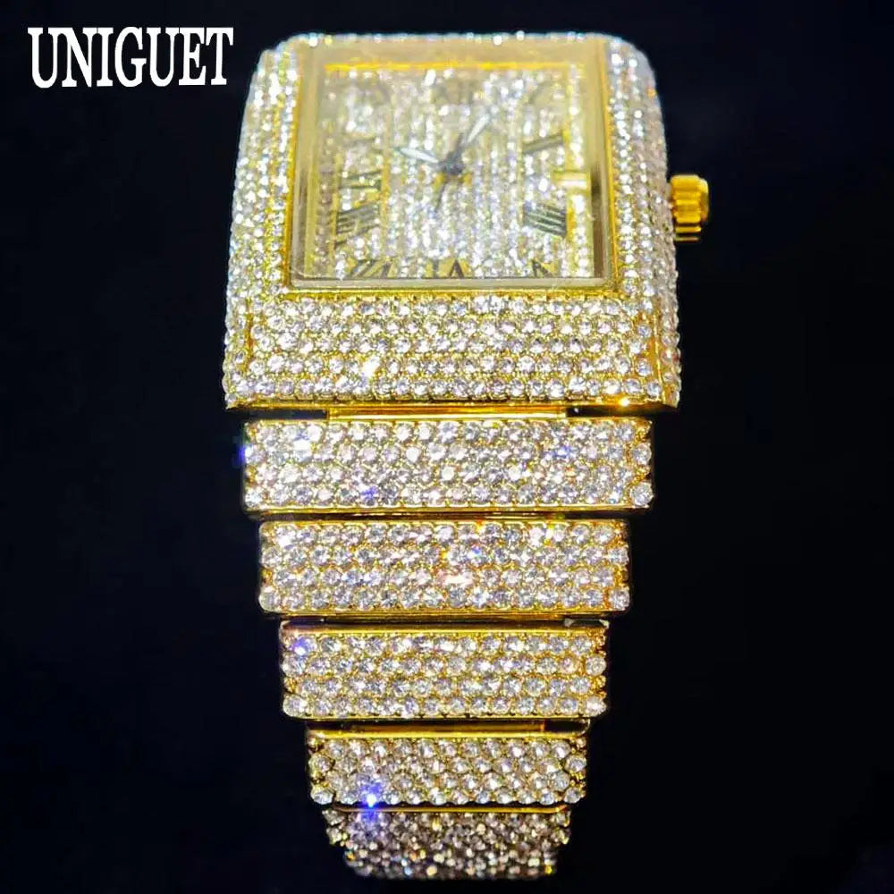 Fashion Rose Watch For Men Luxury Stainless Street Hip Hop Ice Diamond Rectangle Wristwatch Male With Calendar Rlógios Masculino