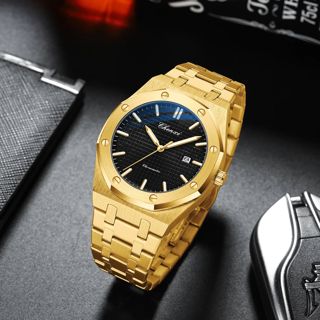CHENXI NEW Men's Watches Fashion Casual Luminous Date Quartz Watch Male Clock Gifts 42mm Dial Gold Wristwatch Waterproof
