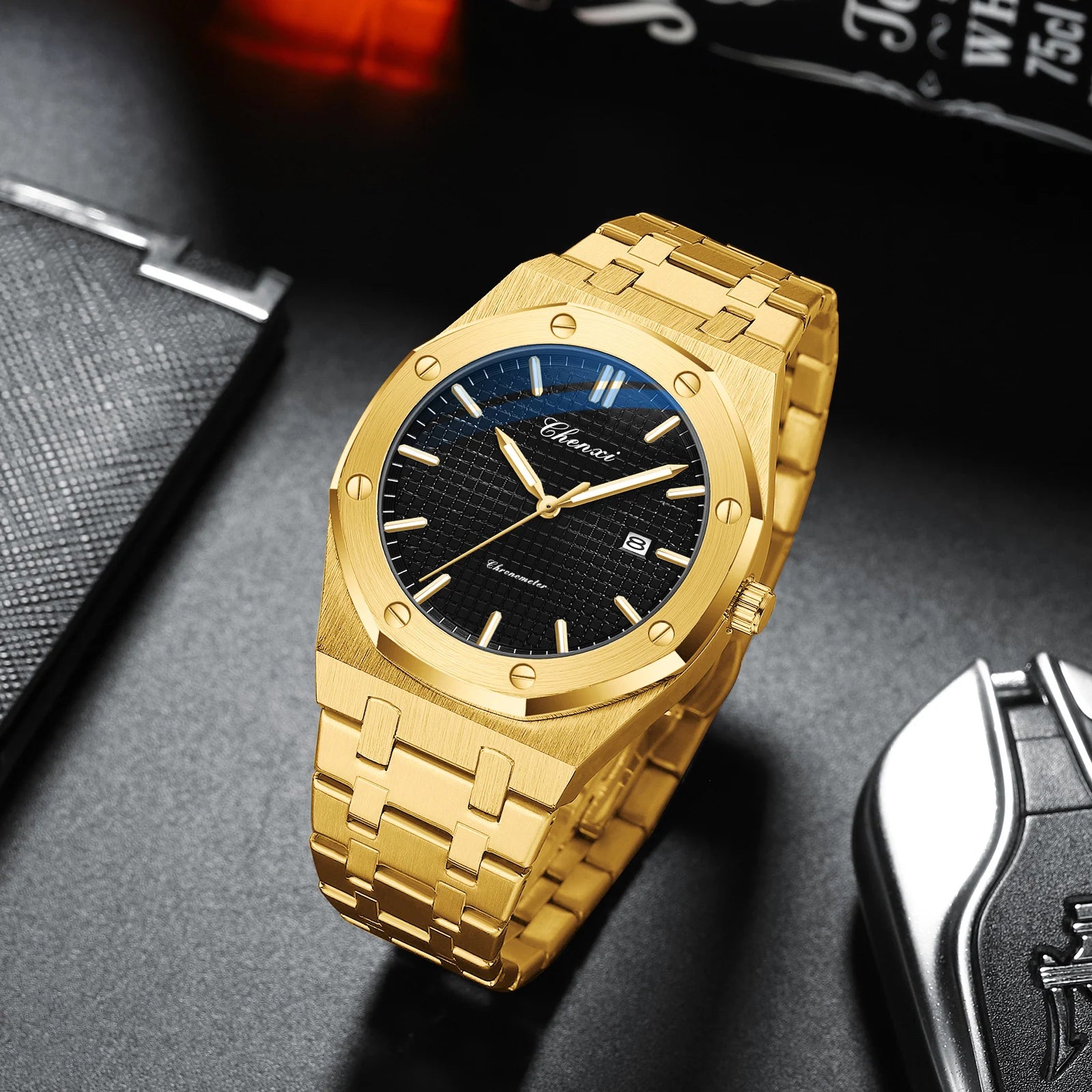CHENXI NEW Men's Watches Fashion Casual Luminous Date Quartz Watch Male Clock Gifts 42mm Dial Gold Wristwatch Waterproof