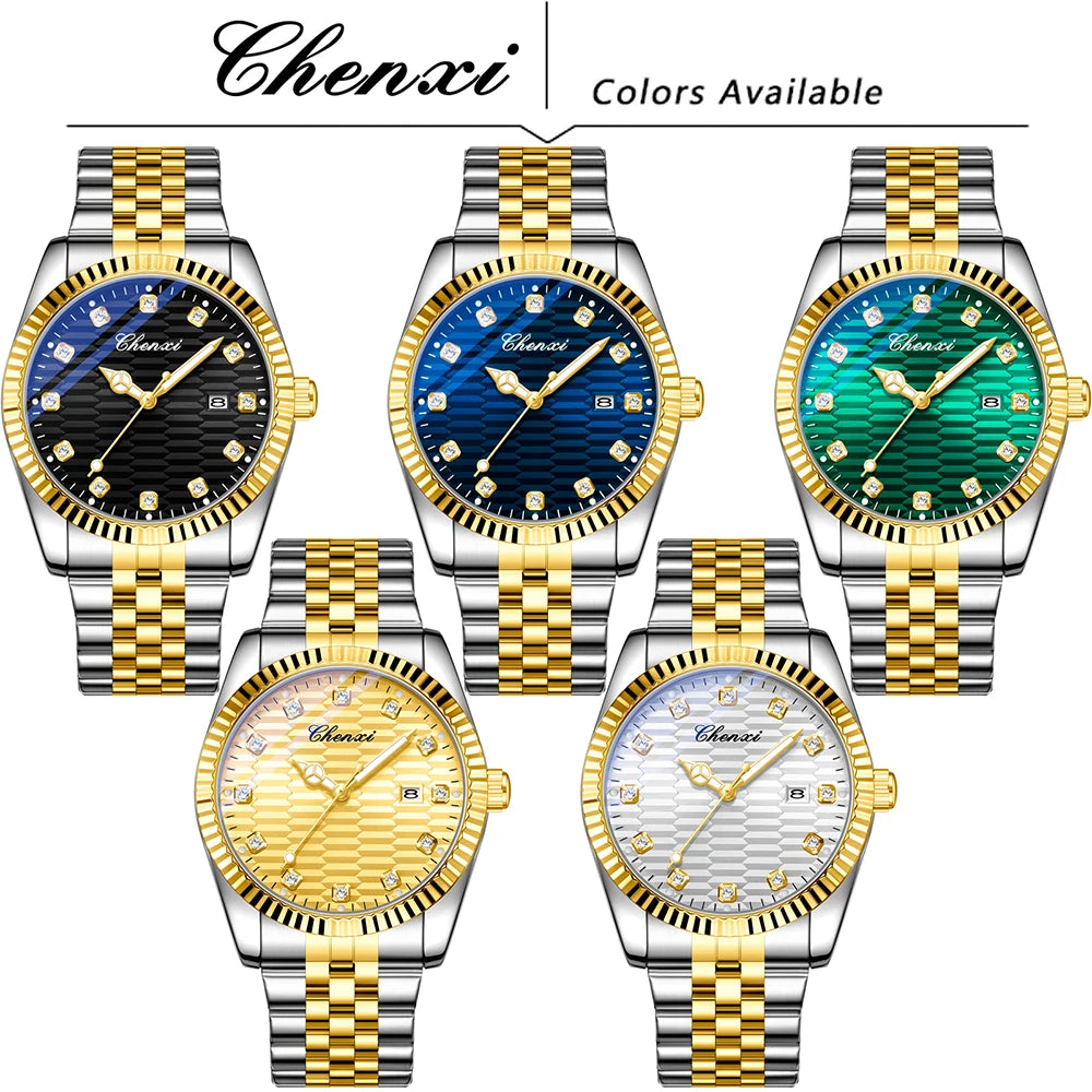 CHENXI Man Watch Classic Fashion Gold Quartz Steel Strap Watches Men Diamond-Set Round Luminous Water-Resistant Date
