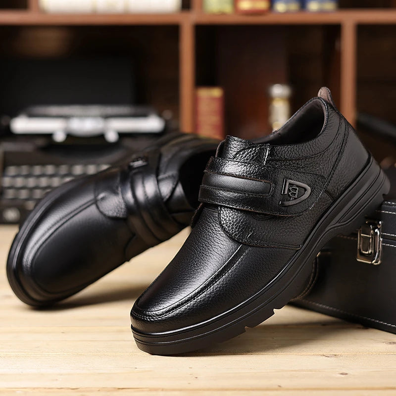Mens Brown Litchi Grain Genuine Leather Casual Shoes Soft Sole Comfortable Walking Sneakers For Middle Aged Dad And Elderly