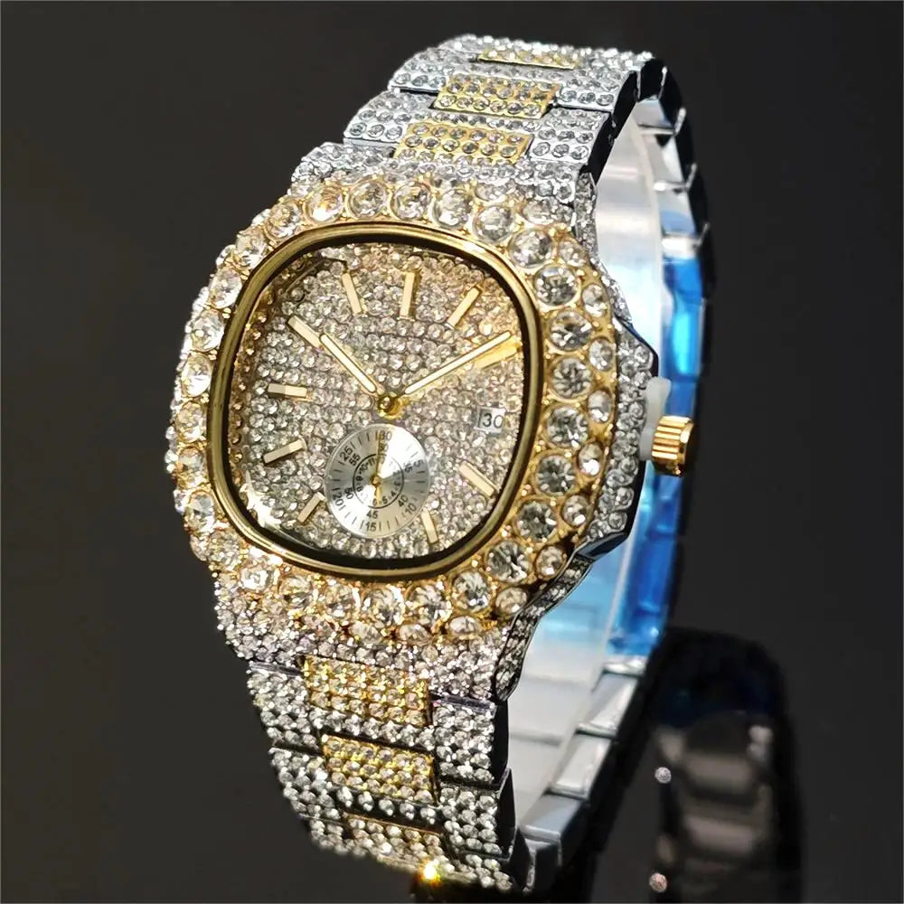 Hot Sell Luxury Iced Watch Mens Fashion Stainless Steel Gold Wristwatch Hip Hop Diamond Bling Jewelry Watch For Man Reloj Hombre