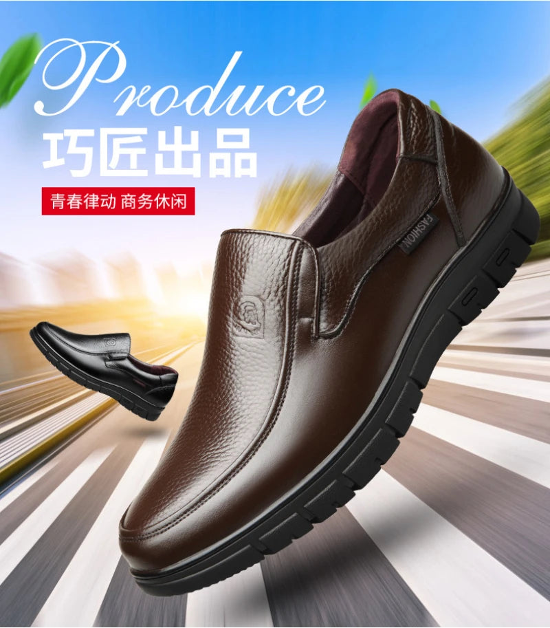 Mens Black Genuine Leather Slip On Loafers Soft Cushioned Sole Comfortable Business Casual Shoes For Middle Aged Dad Daily