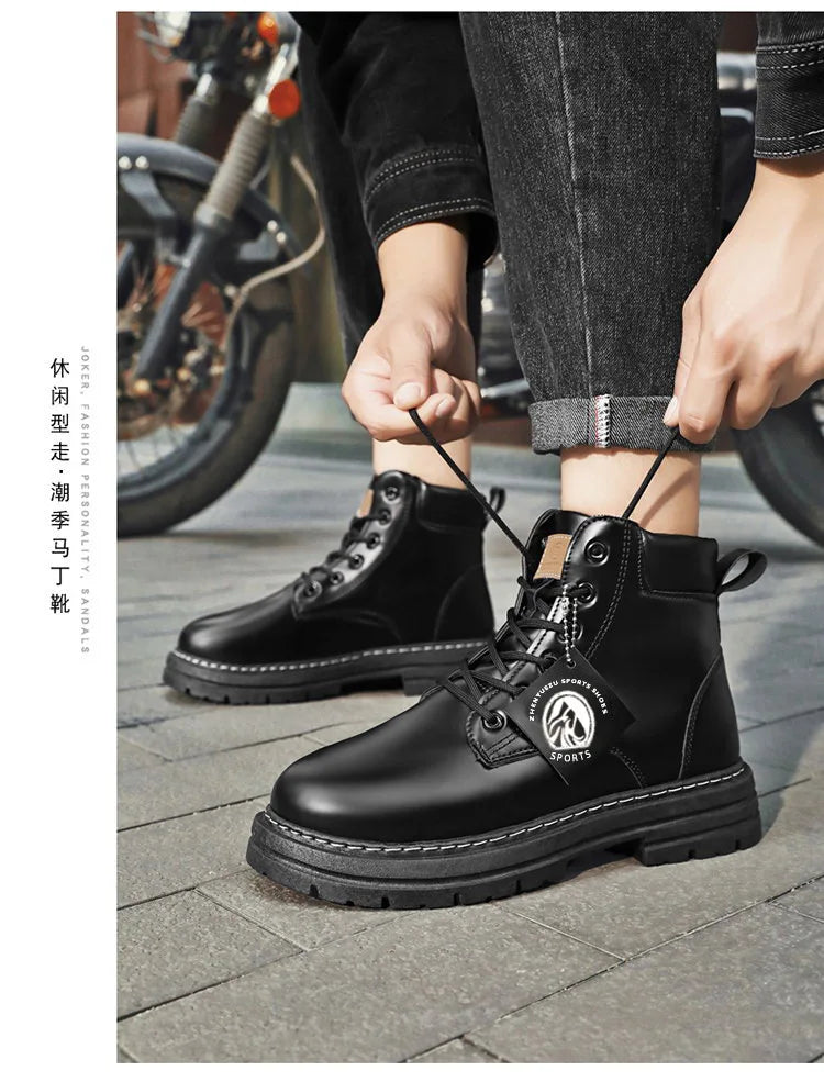 High Top Boots Men's Leather Shoes Fashion Motorcycle Ankle Boots for Men Winter Boots Man Shoes Lace-Up Botas Men Flat Sneakers