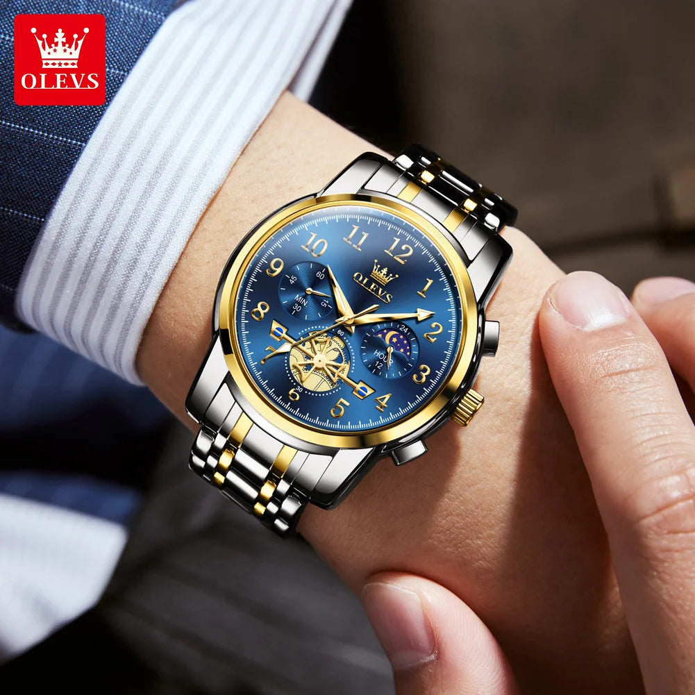 OLEVS 2900 Mens Watch Original Stainless Steel Watches For Men Calendar Moon Phase Quartz Watch Chronograph Freebie Reloj