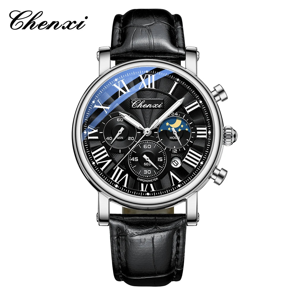 CHENXI Multifunction Men's Watches Business Roman Numerals Leather Strap Quartz Man Watch Chronograph Moon Phase Calendar
