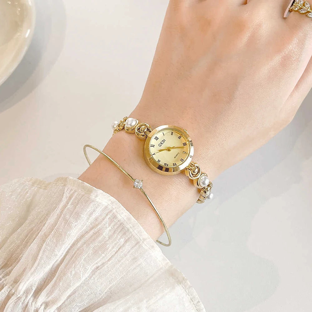GEDI New Fashion Watch for Women Pearl Chain Temperament Wristwatches Vintage Luxury Elegant Waterproof Quartz Watches Ladies