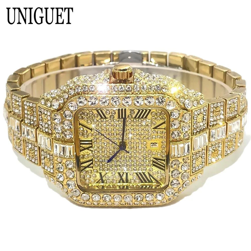 UNIGUET Fashion Watch For Men Luxury Rose Square Iced Out Quartz Watch Man Hip Hop Full Diamond Jewelry Wristwatch Reloj HombreU