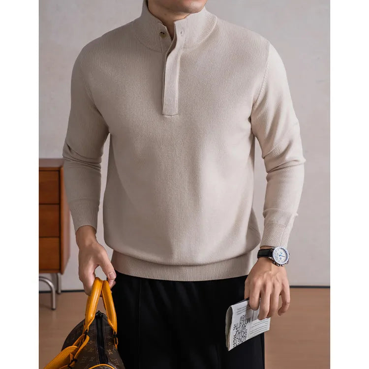 Old Money Style Men's Semi-High Neck Henley Sweater 4.6% Wool Blend Anti-Pilling Knit  Korean Casual Daily Wear